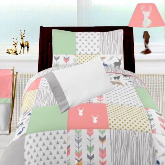 Sweet Jojo Designs Woodsy 5-Piece Toddler Bedding Set in Coral/Mint - Picture 1 of 4